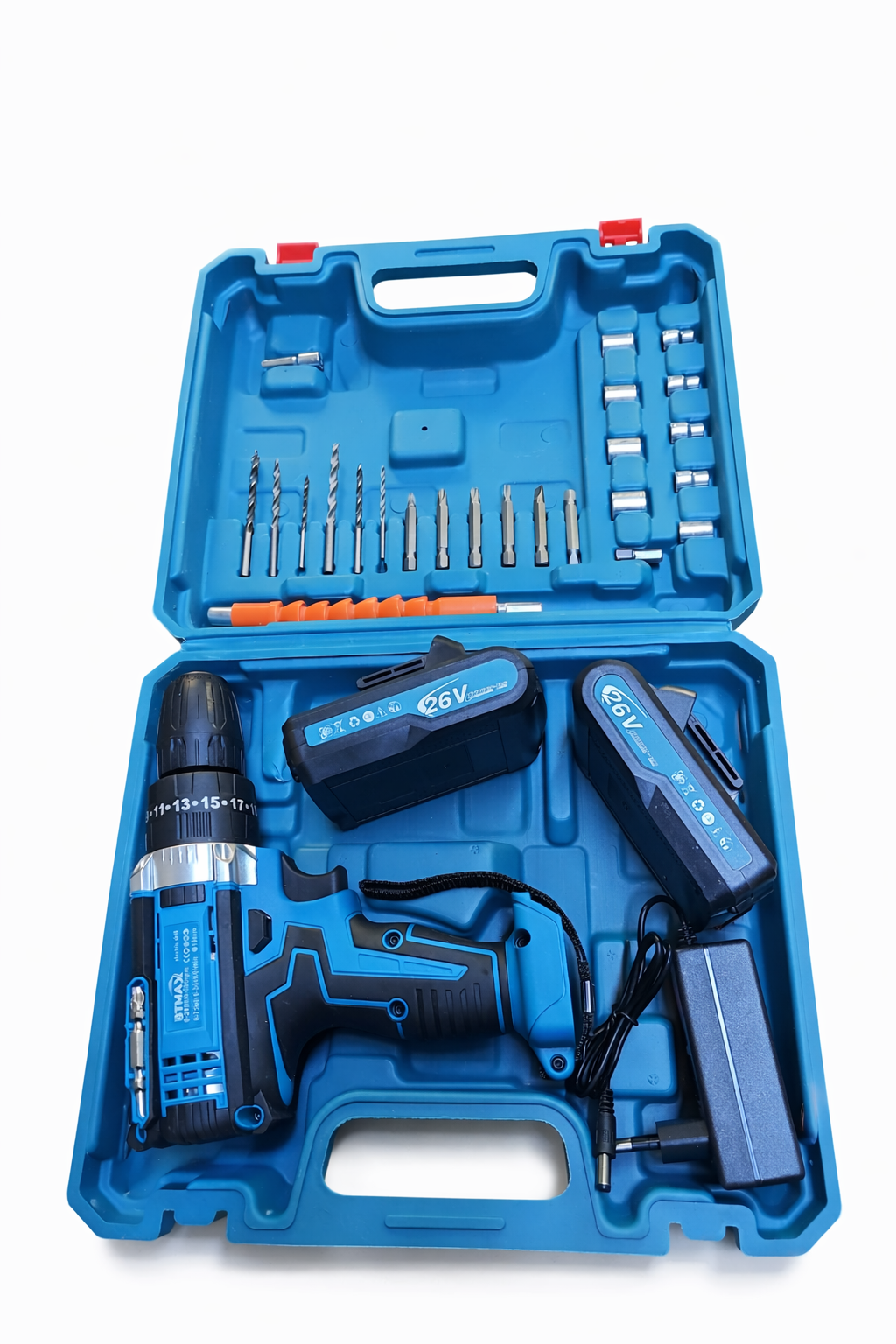 Cordless Drill Machine 26V – Electric Screwdriver Set with 2 Batteries, Charger & Complete Tool Kit Case
