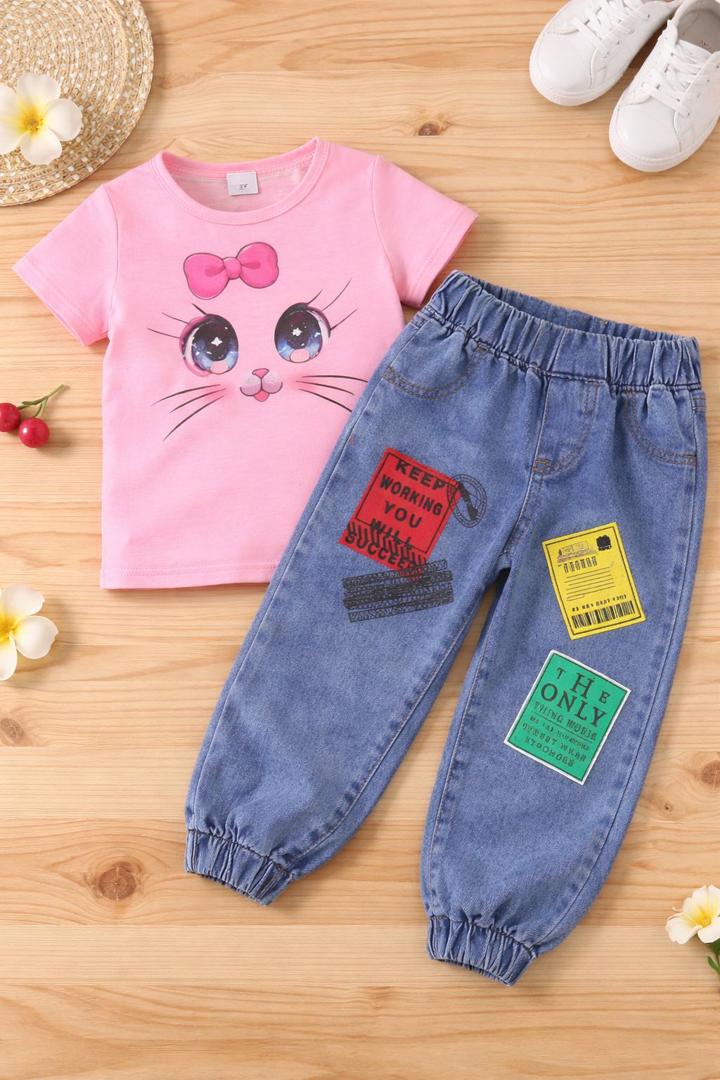 Girls 2PCS Outfit Cartoon Print T-Shirt and Denim Jeans Set Comfortable Casual Clothes for Toddlers (2–3 Years)