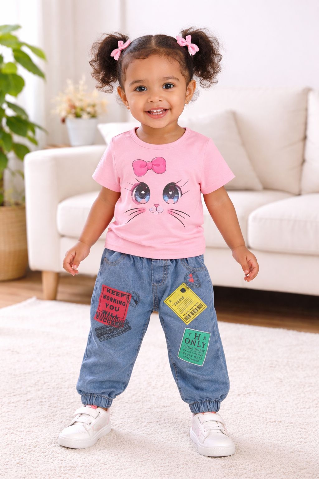 Girls 2PCS Outfit Cartoon Print T-Shirt and Denim Jeans Set Comfortable Casual Clothes for Toddlers (2–3 Years)
