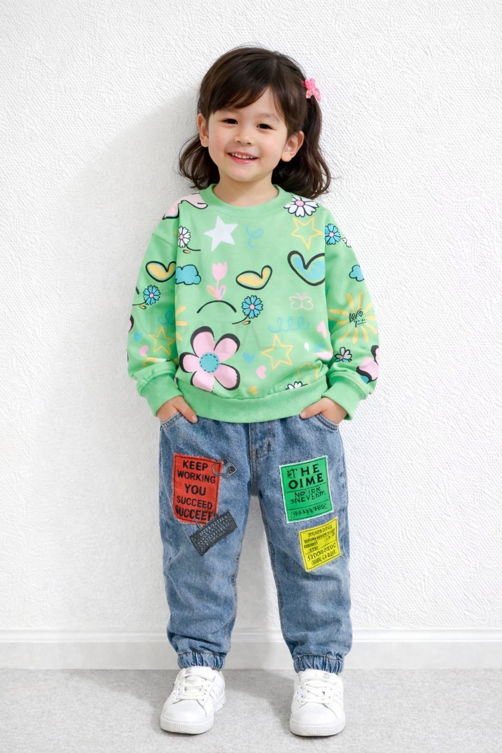 Girls 2PCS Outfit Green Printed Round Neck Top and Denim Jeans Set Comfortable Casual Clothes for Kids (4 Years)