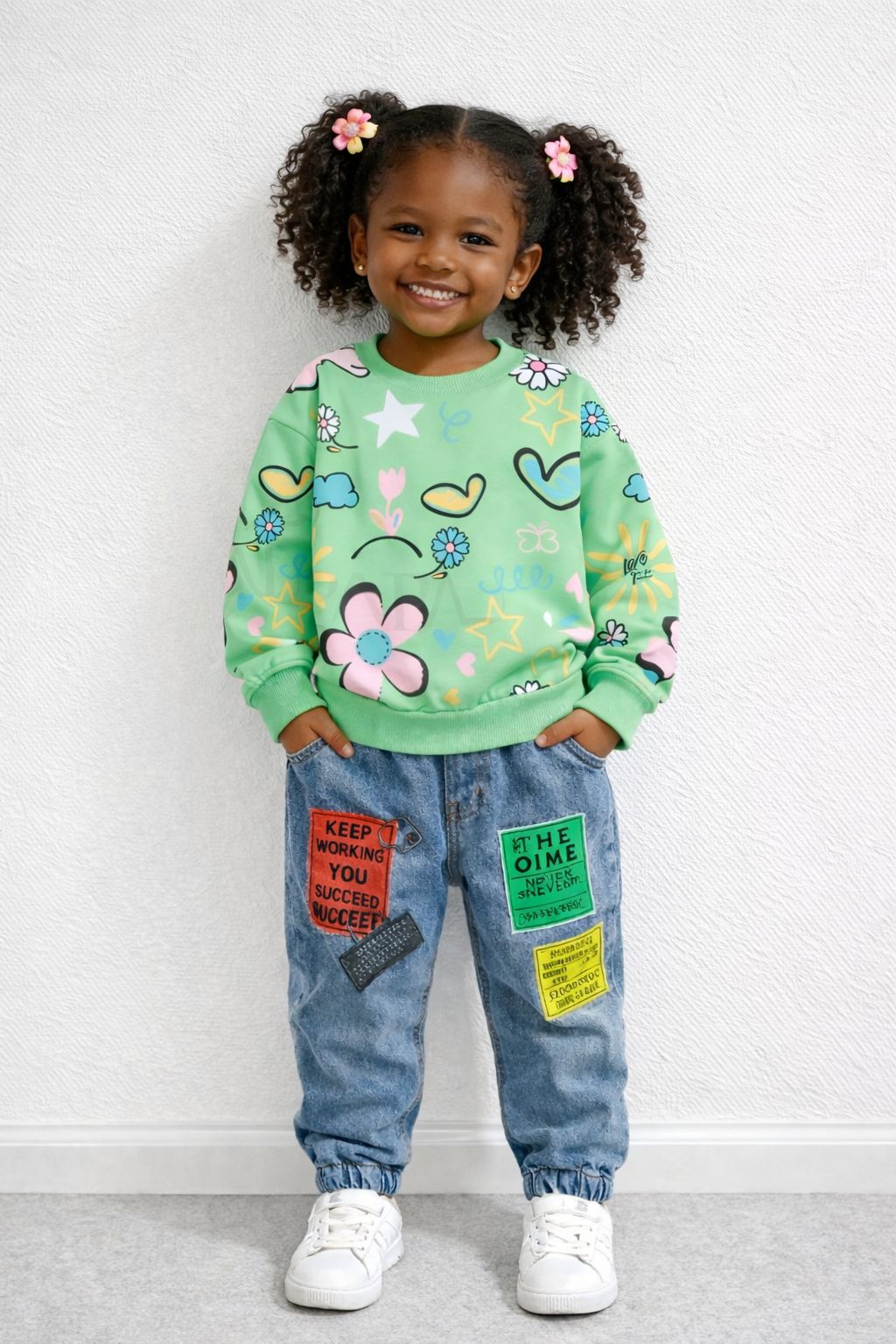 Girls 2PCS Outfit Green Printed Round Neck Top and Denim Jeans Set Comfortable Casual Clothes for Kids (4 Years)