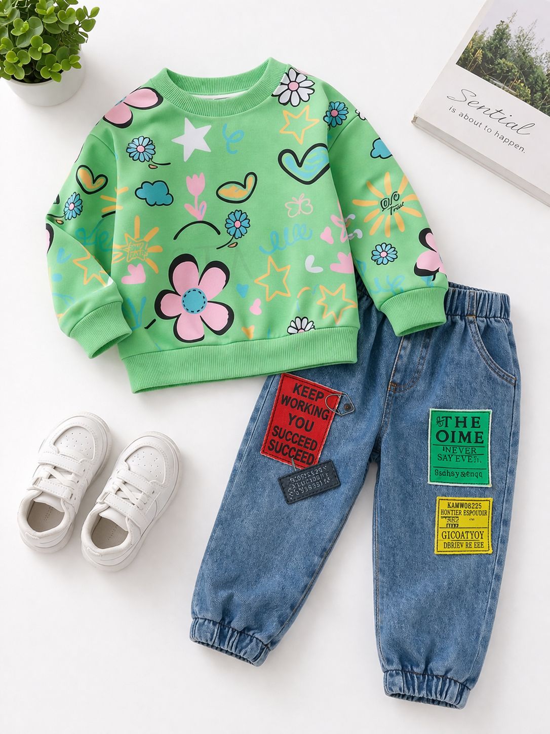 Girls 2PCS Outfit Green Printed Round Neck Top and Denim Jeans Set Comfortable Casual Clothes for Kids (4 Years)