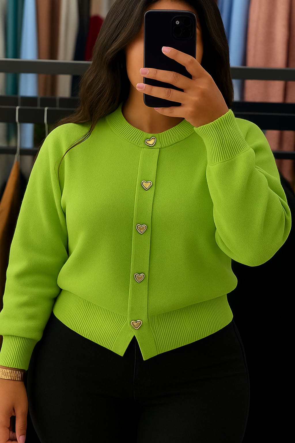 A knitted cardigan or sweater top characterized by its prominent silver/gold-tone heart-shaped buttons and has a slightly cropped length with long, voluminous balloon sleeves that end in ribbed cuffs.