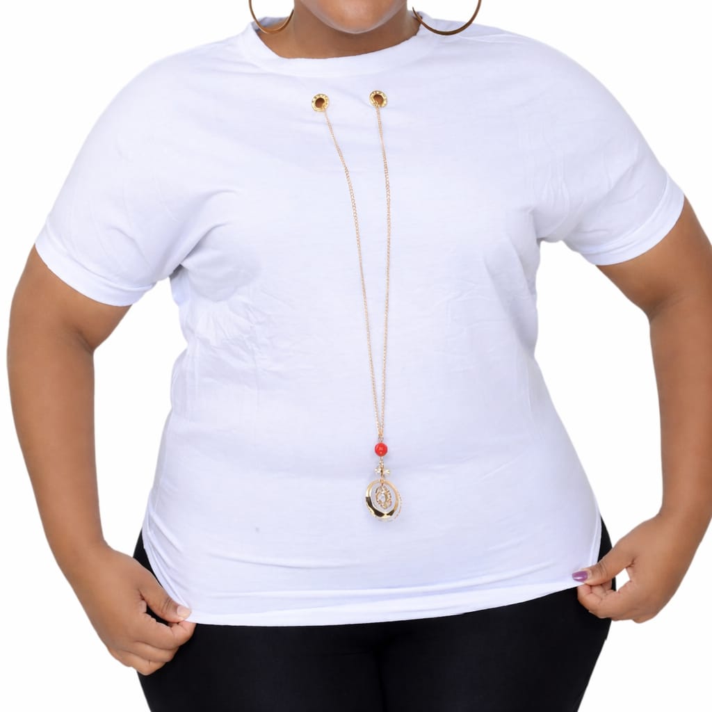 Women Essential Luxe Classic Tee with a long gold-tone necklace with a red bead and circular pendant. Size: Free size