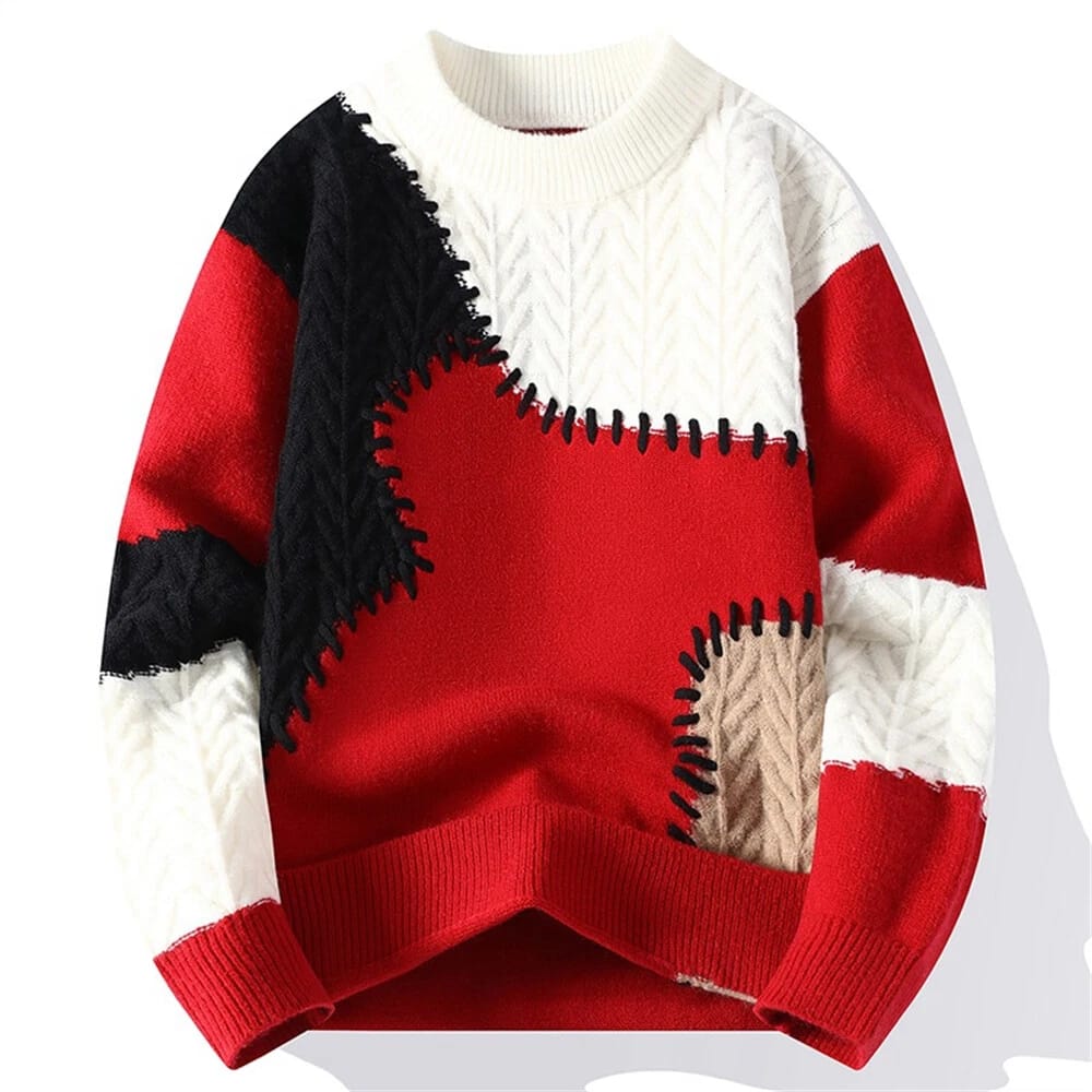 Handcrafted Vibe Textured Knit Sweater with a Cozy Contrast Patchwork Crewneck. size 2XL to 3XL available.