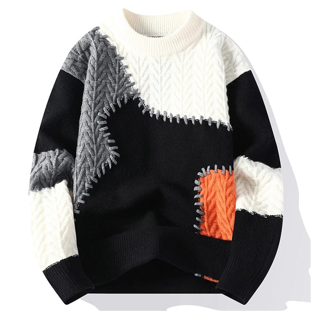Handcrafted Vibe Textured Knit Sweater with a Cozy Contrast Patchwork Crewneck. size 2XL to 3XL available.
