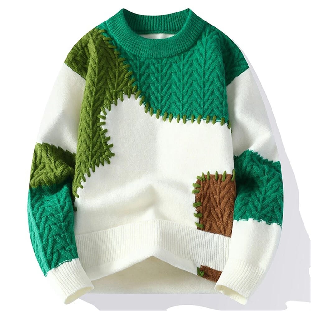 Handcrafted Vibe Textured Knit Sweater with a Cozy Contrast Patchwork Crewneck. size 2XL to 3XL available.