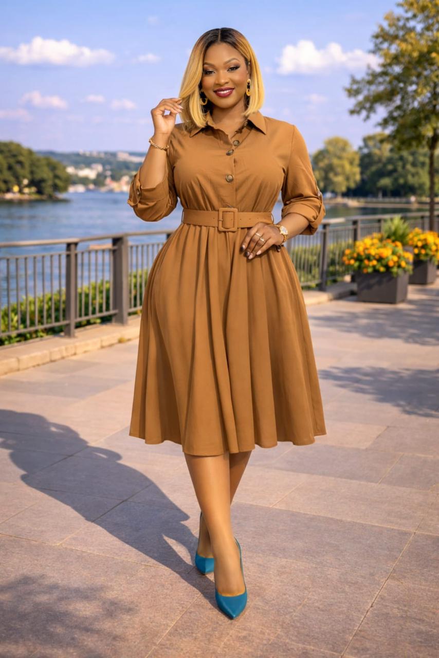 Women's Golden Radiance Belted Elegant Midi Dress ,size M to 3XL, a timeless piece designed to highlight femininity, confidence, and sophistication