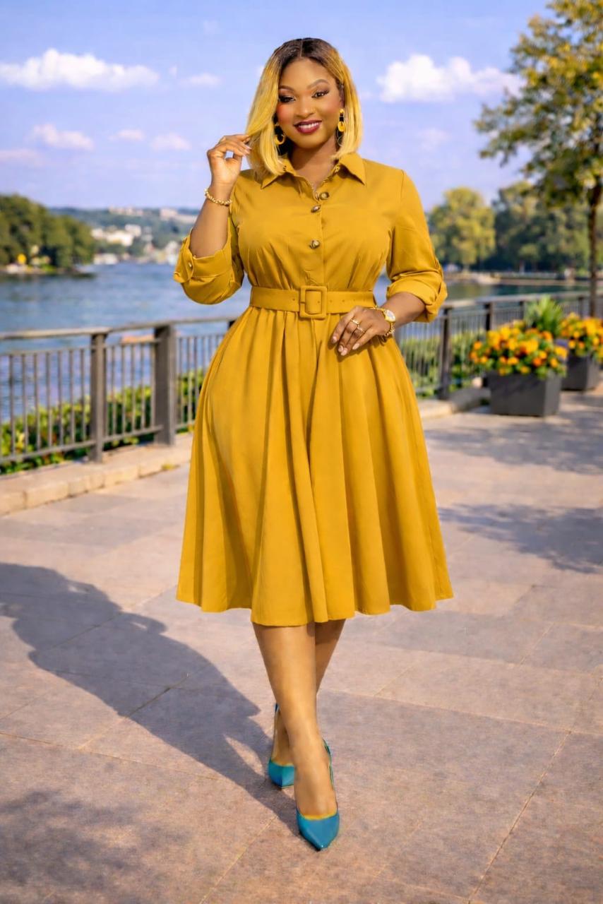 Women's Golden Radiance Belted Elegant Midi Dress ,size M to 3XL, a timeless piece designed to highlight femininity, confidence, and sophistication