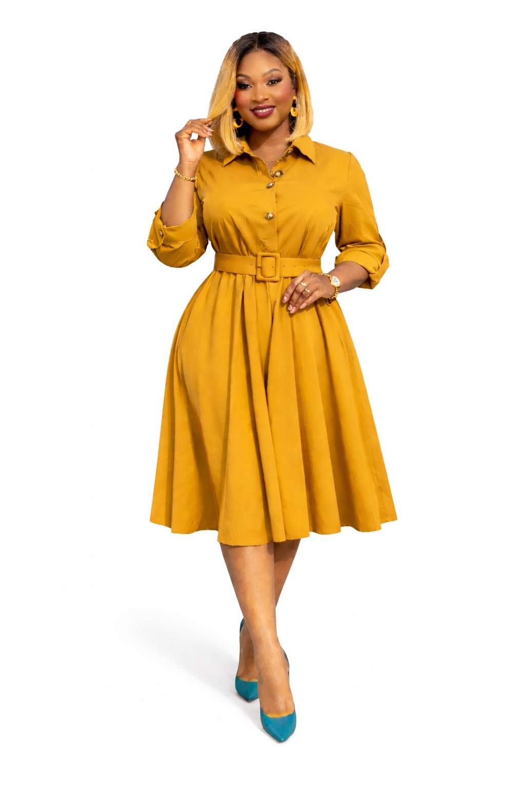Women's Golden Radiance Belted Elegant Midi Dress ,size M to 3XL, a timeless piece designed to highlight femininity, confidence, and sophistication