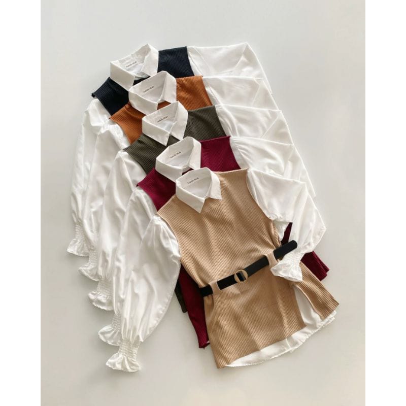 Women's Free Size Luxe Layered Belted Knit Blouse Set which features a soft ribbed knit sleeveless vest ,crisp white button-up blouse and a sleek adjustable belt with a gold-tone circular buckle.