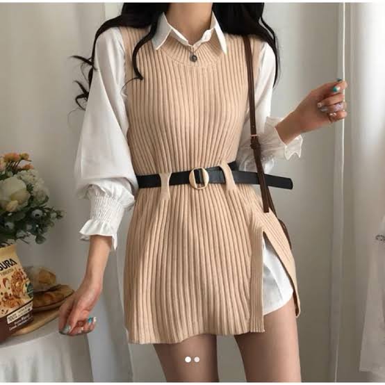 Women's Free Size Luxe Layered Belted Knit Blouse Set which features a soft ribbed knit sleeveless vest ,crisp white button-up blouse and a sleek adjustable belt with a gold-tone circular buckle.