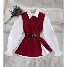 Women's Free Size Luxe Layered Belted Knit Blouse Set which features a soft ribbed knit sleeveless vest ,crisp white button-up blouse and a sleek adjustable belt with a gold-tone circular buckle.