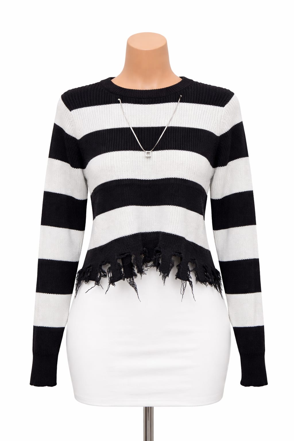 Women's Free Size Midnight Rebel Striped Cropped Sweater that has a silver chain.