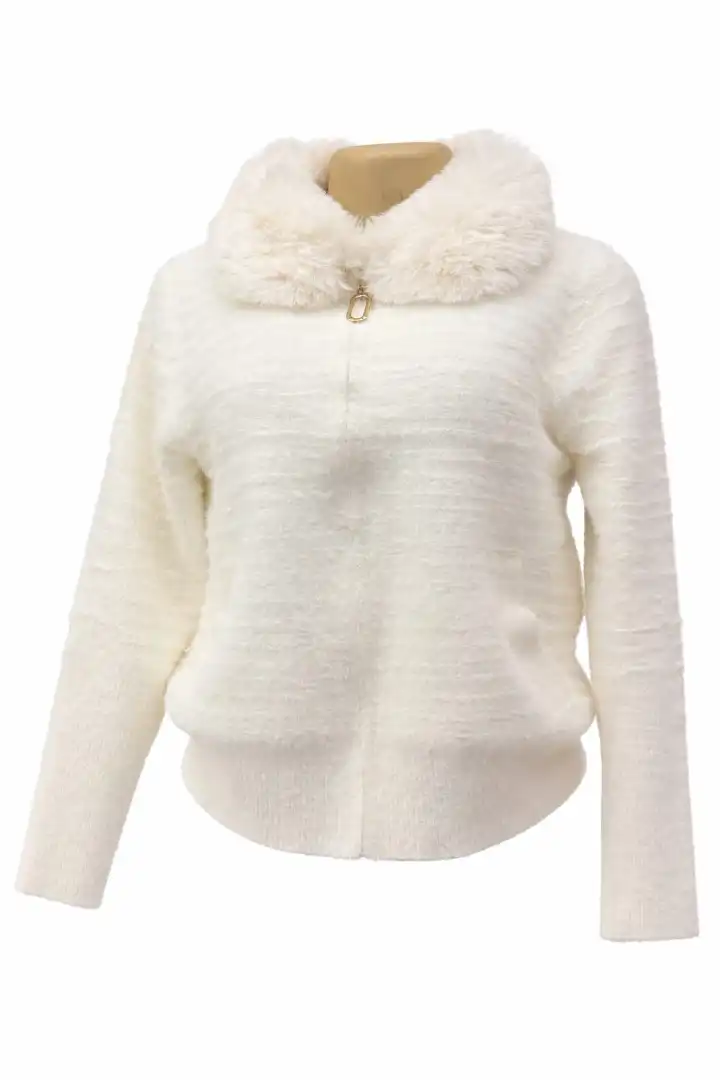 Women's Ivory Luxe Fur-Collar Knit Sweater- One size can  fit All-sophisticated and elegant piece designed to bring warmth, comfort, and timeless style to your wardrobe.