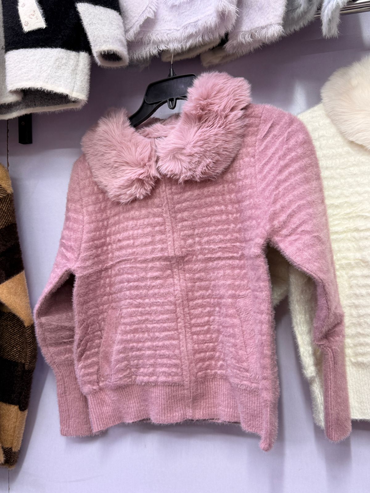 Women's Ivory Luxe Fur-Collar Knit Sweater- One size can  fit All-sophisticated and elegant piece designed to bring warmth, comfort, and timeless style to your wardrobe.