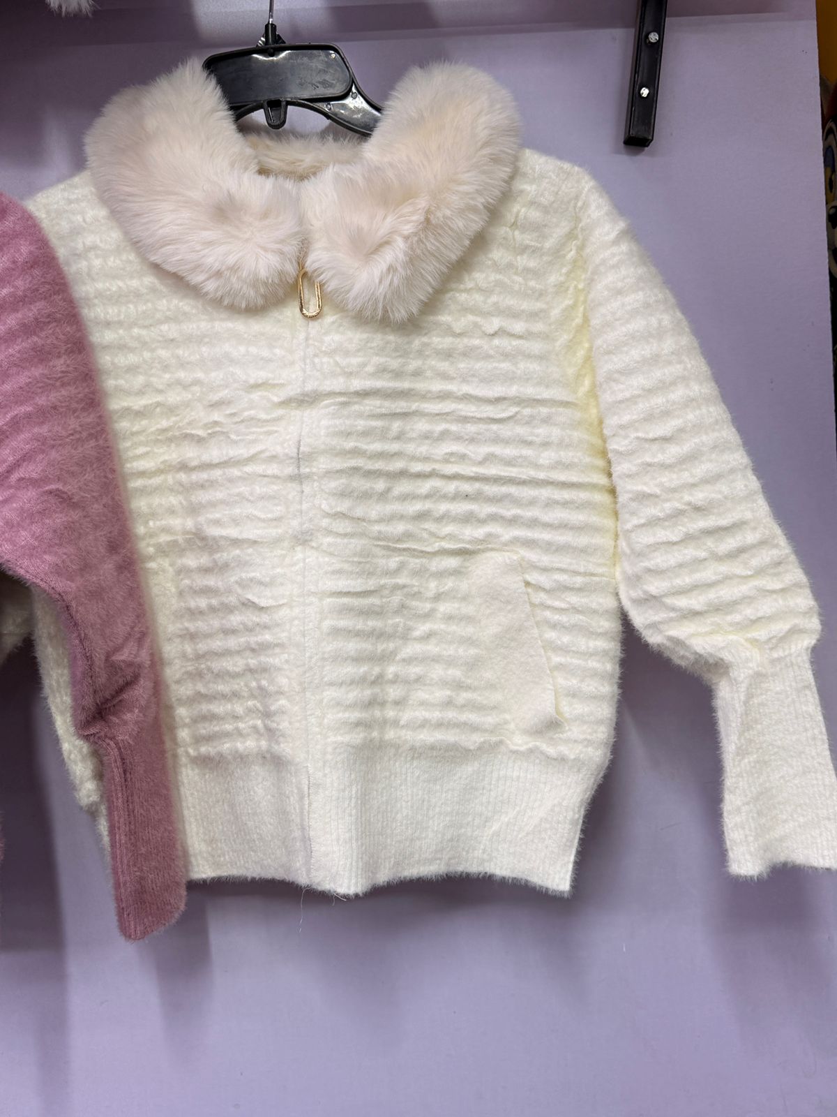 Women's Ivory Luxe Fur-Collar Knit Sweater- One size can  fit All-sophisticated and elegant piece designed to bring warmth, comfort, and timeless style to your wardrobe.