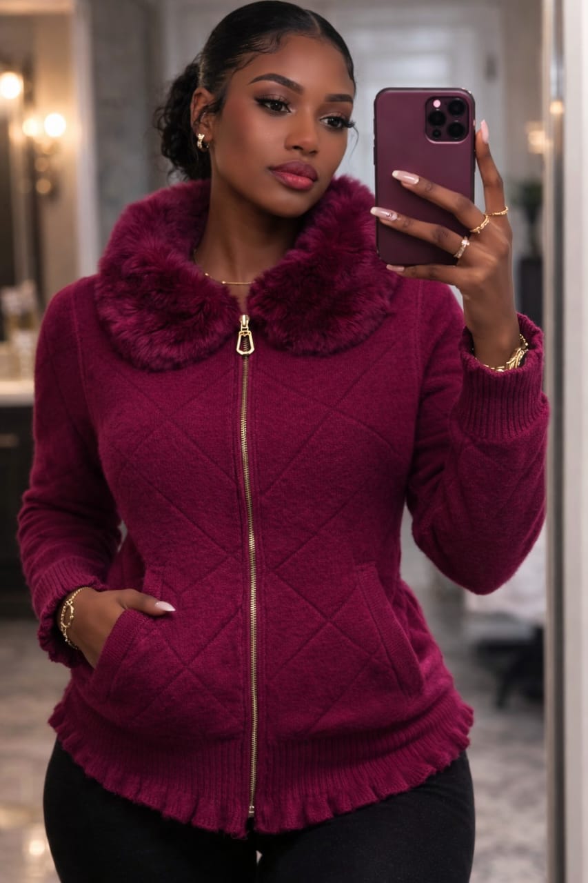 Women's Cocoa Luxe Quilted Fur Collar Zip Sweater Jacket- One Size Fits All-premium sweater-jacket hybrid, combining the comfort of knitwear with the structure of outerwear.