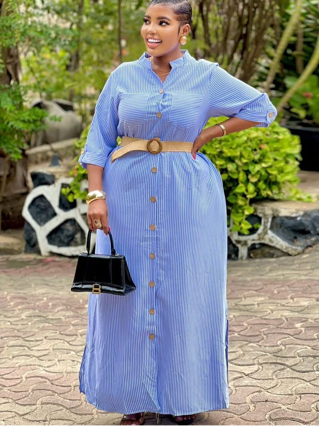 Coastal Confidence Women Striped Maxi Shirt Dress with vertical white strips and preffered colour (Blue, Green, Black). Size L to 2XL