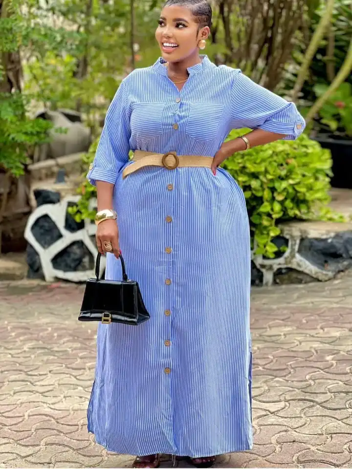 Coastal Confidence Women Striped Maxi Shirt Dress with vertical white strips and preffered colour (Blue, Green, Black). Size L to 2XL