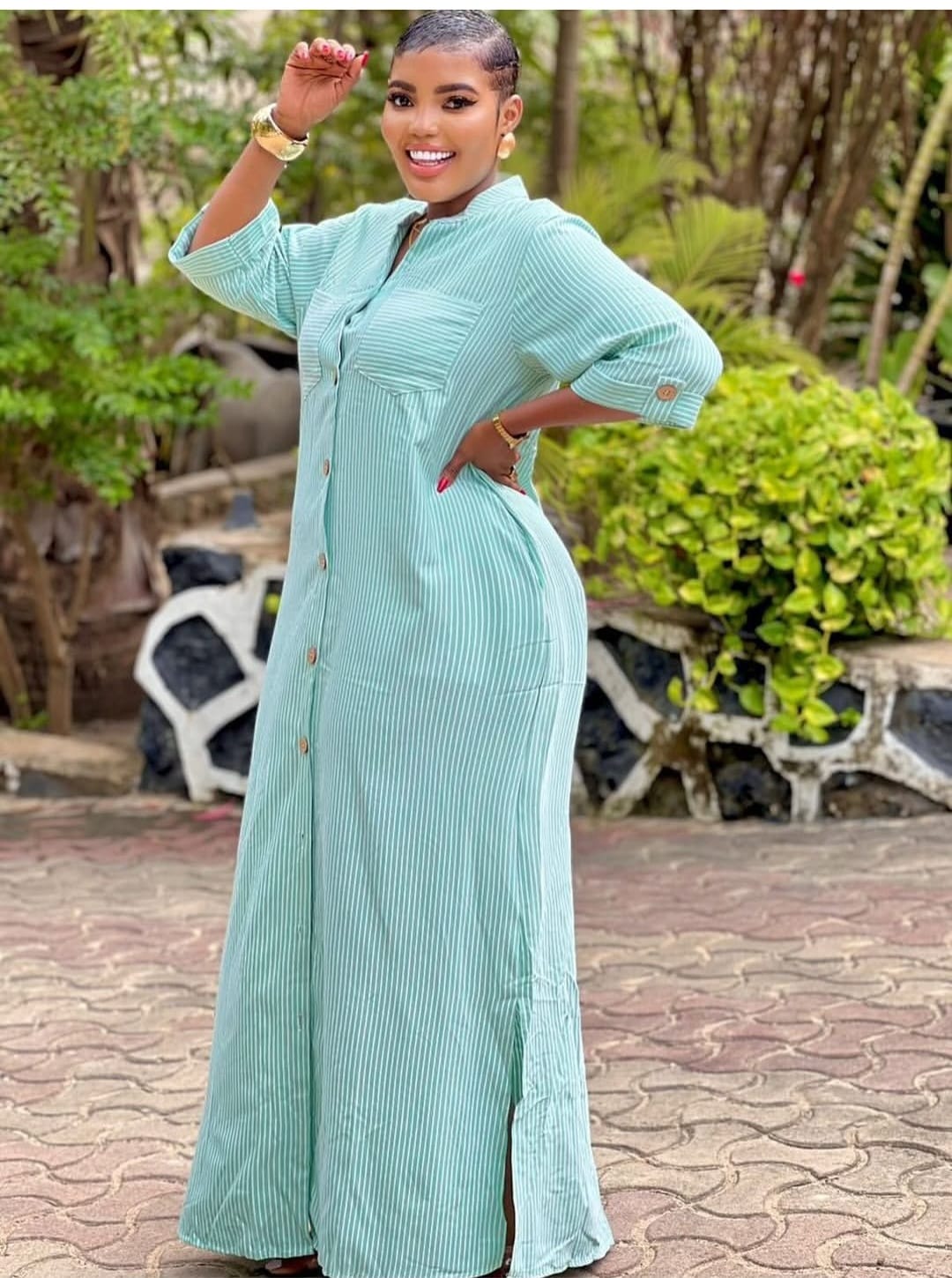 Coastal Confidence Women Striped Maxi Shirt Dress with vertical white strips and preffered colour (Blue, Green, Black). Size L to 2XL