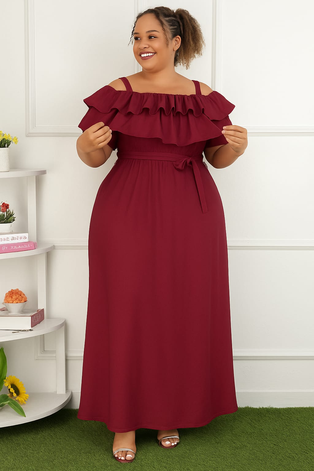 Women's Ruby Elegance Off-Shoulder Maxi Dress Size L to 2XL a stunning blend of sophistication, comfort, and feminine charm,