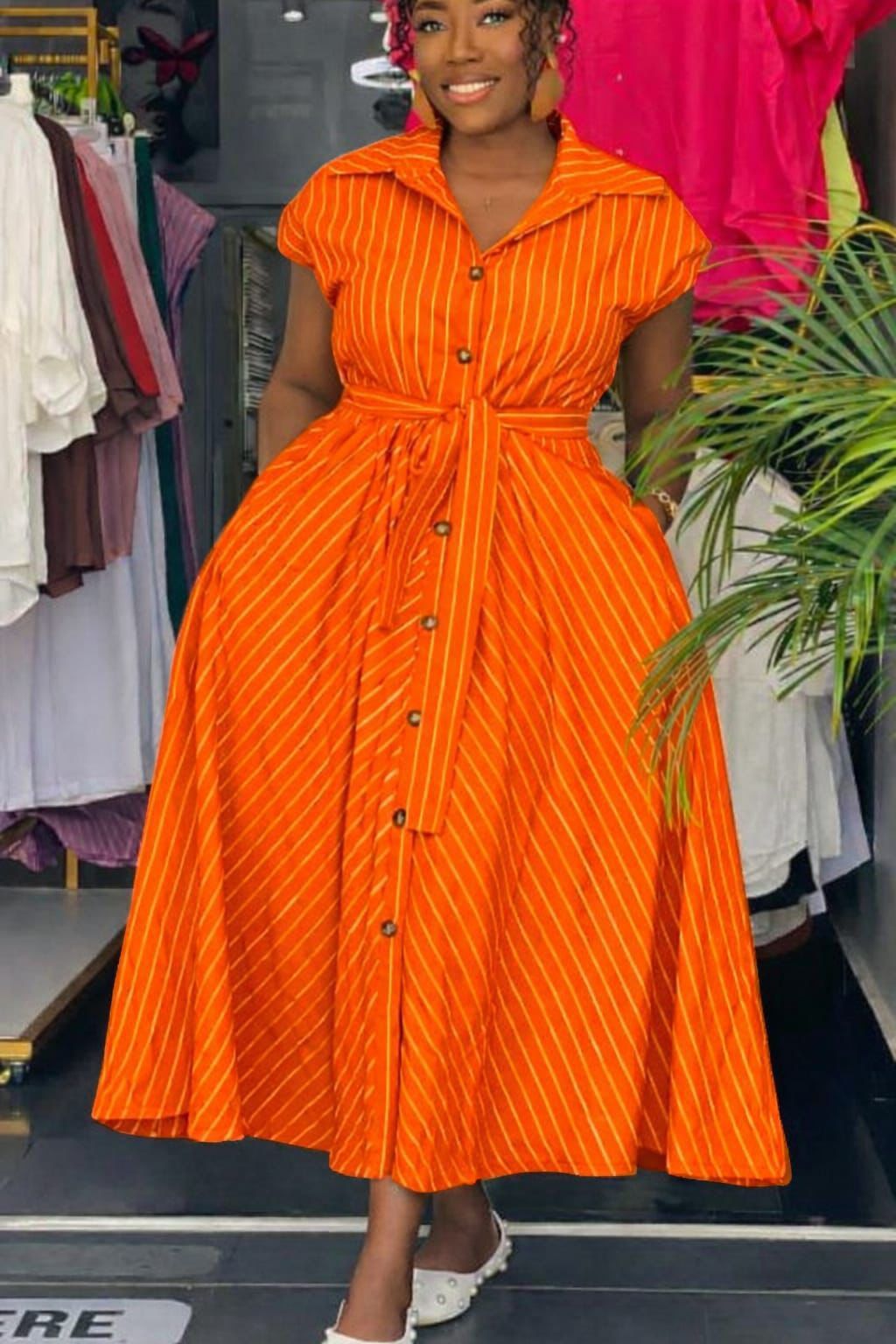Coastal Confidence Women Striped Flared Maxi Shirt Dress with vertical white strips and preffered colour chocolate,orange,purple,blue). Size M to 2XL