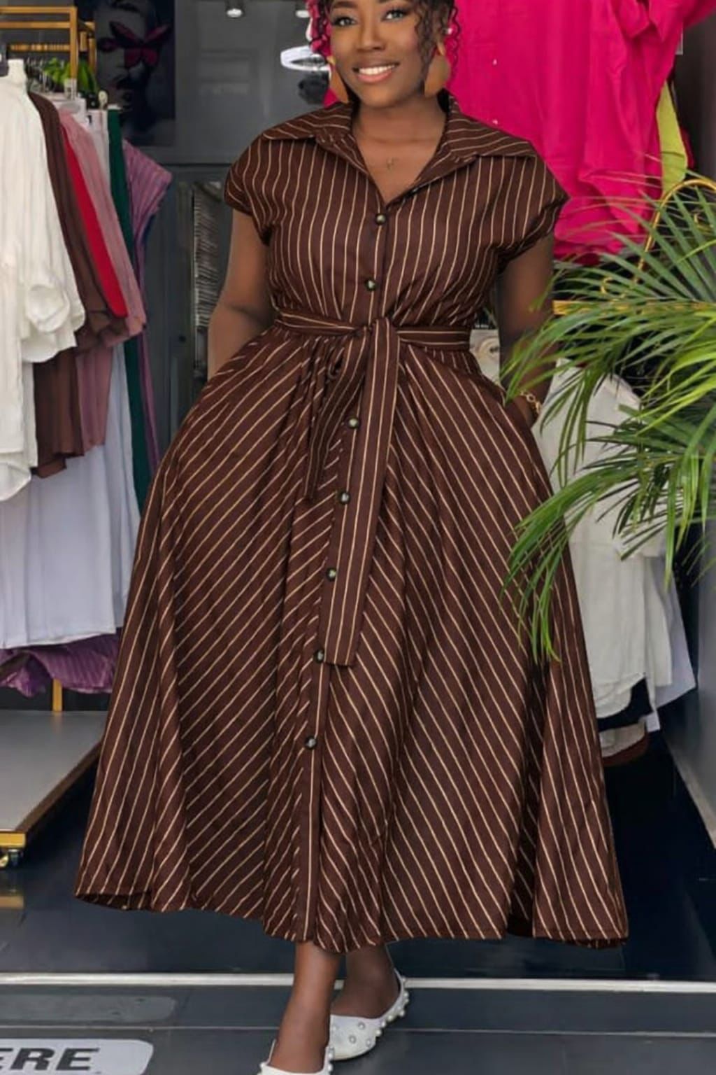 Coastal Confidence Women Striped Flared Maxi Shirt Dress with vertical white strips and preffered colour chocolate,orange,purple,blue). Size M to 2XL