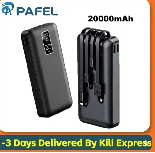 PAFEL Power Bank 20000mAh Built in 4 Cable Portable Charger External Battery Pack Powerbank For iPhone Huawei Xiaomi Samsung Tecno OPPO phone Refurbished Phone SmartPhones Mobile Phones Tablet PC