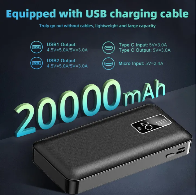 PAFEL Power Bank 20000mAh Built in 4 Cable Portable Charger External Battery Pack Powerbank For iPhone Huawei Xiaomi Samsung Tecno OPPO phone Refurbished Phone SmartPhones Mobile Phones Tablet PC