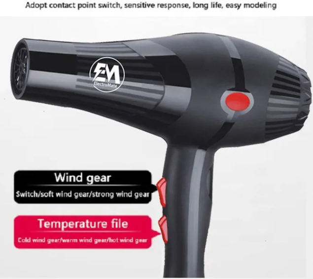 EM Blow Dryer Hair Blower 2200W hair dryer professional with 3 Speed & 2 Temperature Settings – Includes 2 Styling Nozzle & 2 Comb Attachments for Versatile Hair Styling ElectroMate