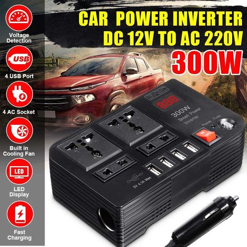 300W Portable Car Power Inverter 12V DC to 220V AC Converter with 4 USB Charging Ports, Dual AC Outlet Socket, Vehicle Power Adapter for Laptop, Phone, Devices & Travel Auto Accessories