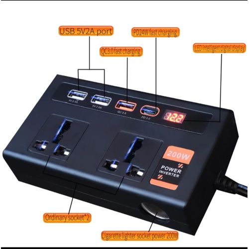 200W High Power Fast charging car inverter DC/AC 12V to 220/24V With Two Charging ports,3 USB Ports and 1 type c port & cigarette lighter port