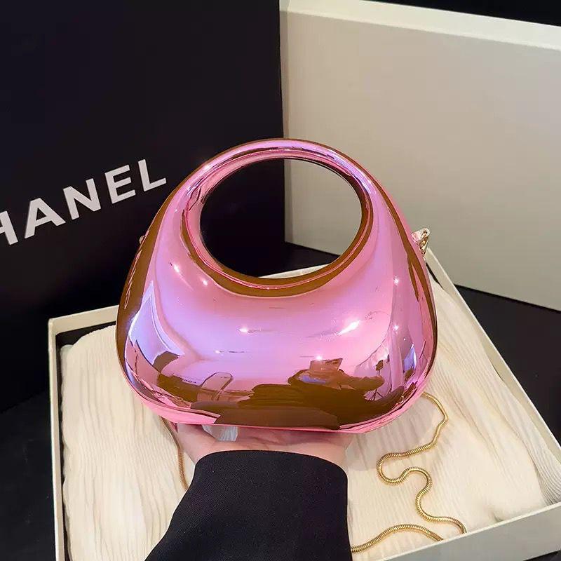 “Premium Rosé Chrome Designer-Style Purse – Futuristic Hard-Shell Handbag with Gold Chain, Statement Fashion Bag for Weddings, Dinner Dates & Special Occasions.”