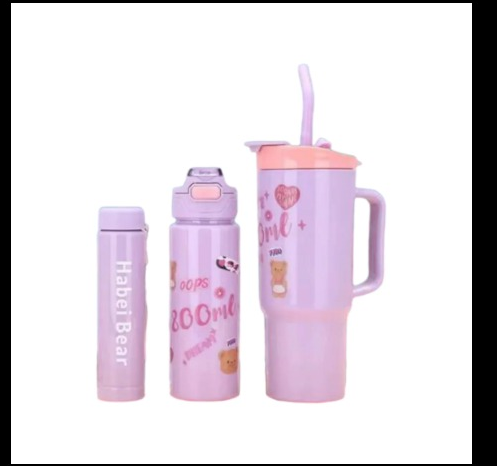 Habei Bear 3-Piece Water Bottle Set – 3-in-1 Travel Flask Combo with Insulated Stainless Steel Bottle, Vacuum Tumbler & Cup | Leakproof, Portable & Stylish Hydration Set for School, Office & Travel