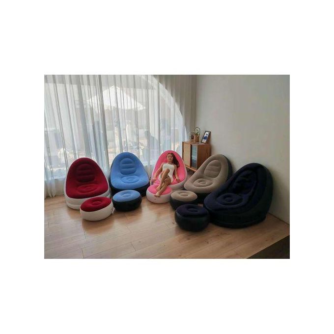 🤪BEST WAY TO RELAX 🤪Inflatable seat, with foot rest and a manual pump.Made of PVC, flocked surface Provides Soft Velvety Feel For Added Comfort, Wear-resistant;does not hurt the skin Closed double-l