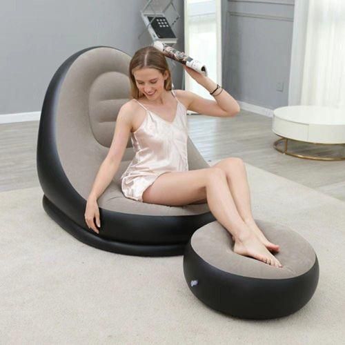 🤪BEST WAY TO RELAX 🤪Inflatable seat, with foot rest and a manual pump.Made of PVC, flocked surface Provides Soft Velvety Feel For Added Comfort, Wear-resistant;does not hurt the skin Closed double-l