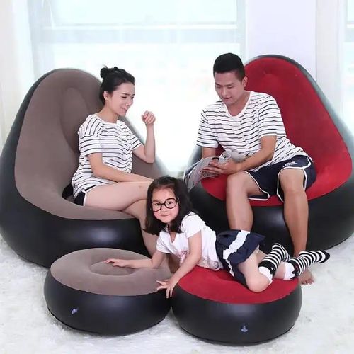 🤪BEST WAY TO RELAX 🤪Inflatable seat, with foot rest and a manual pump.Made of PVC, flocked surface Provides Soft Velvety Feel For Added Comfort, Wear-resistant;does not hurt the skin Closed double-l