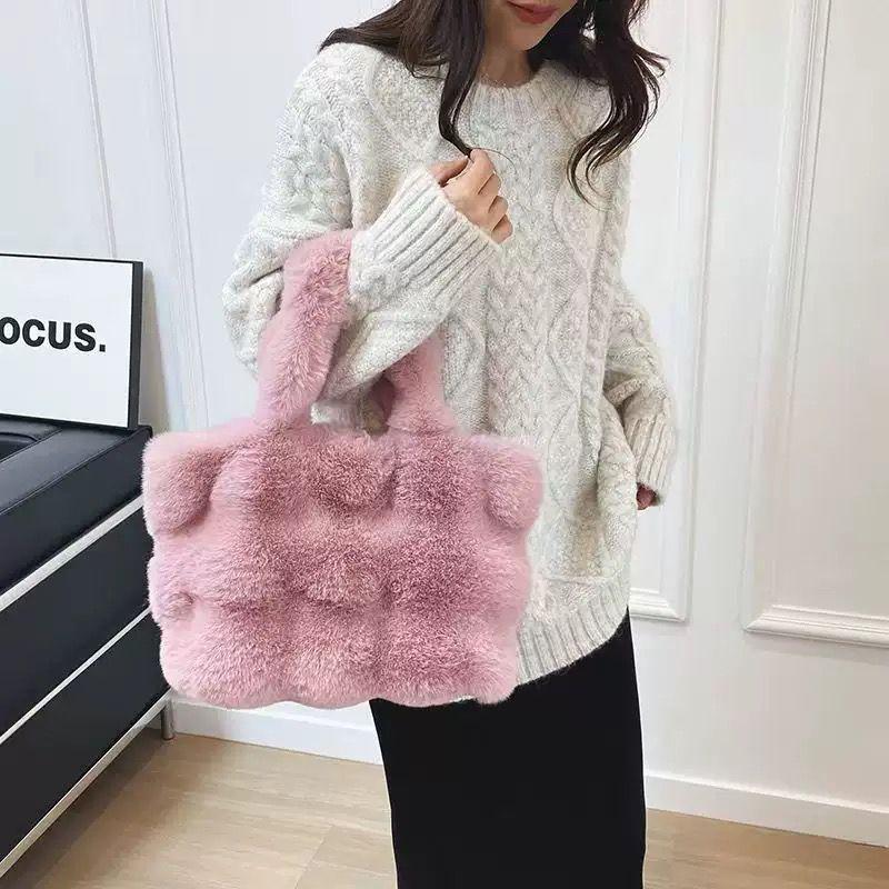 Women Plush Handbag Cute Soft Fur Tote Bag Winter Fashion Shoulder Bag Large Capacity Ladies Handbag