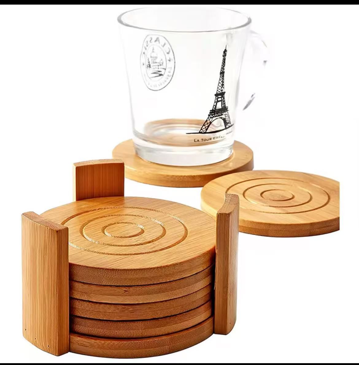 6 pcs round bamboo coaster set