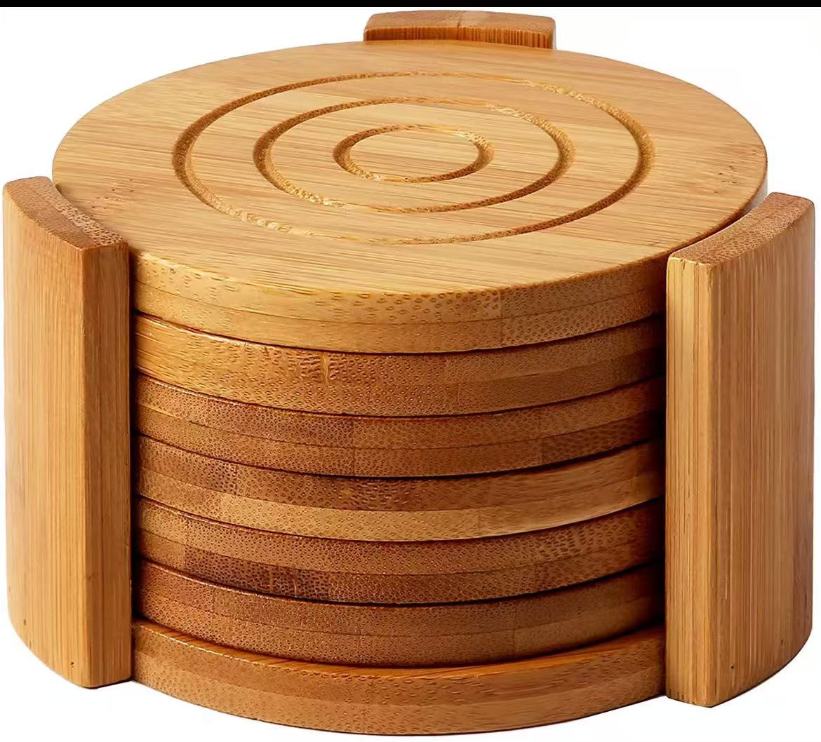 6 pcs round bamboo coaster set