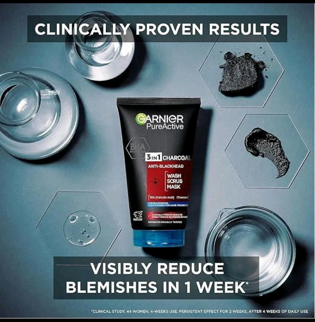 Original  Brand of Garnier Pure Active 3 in 1 Charcoal anti-blackhead  Mask Wash Scrub  50 ml