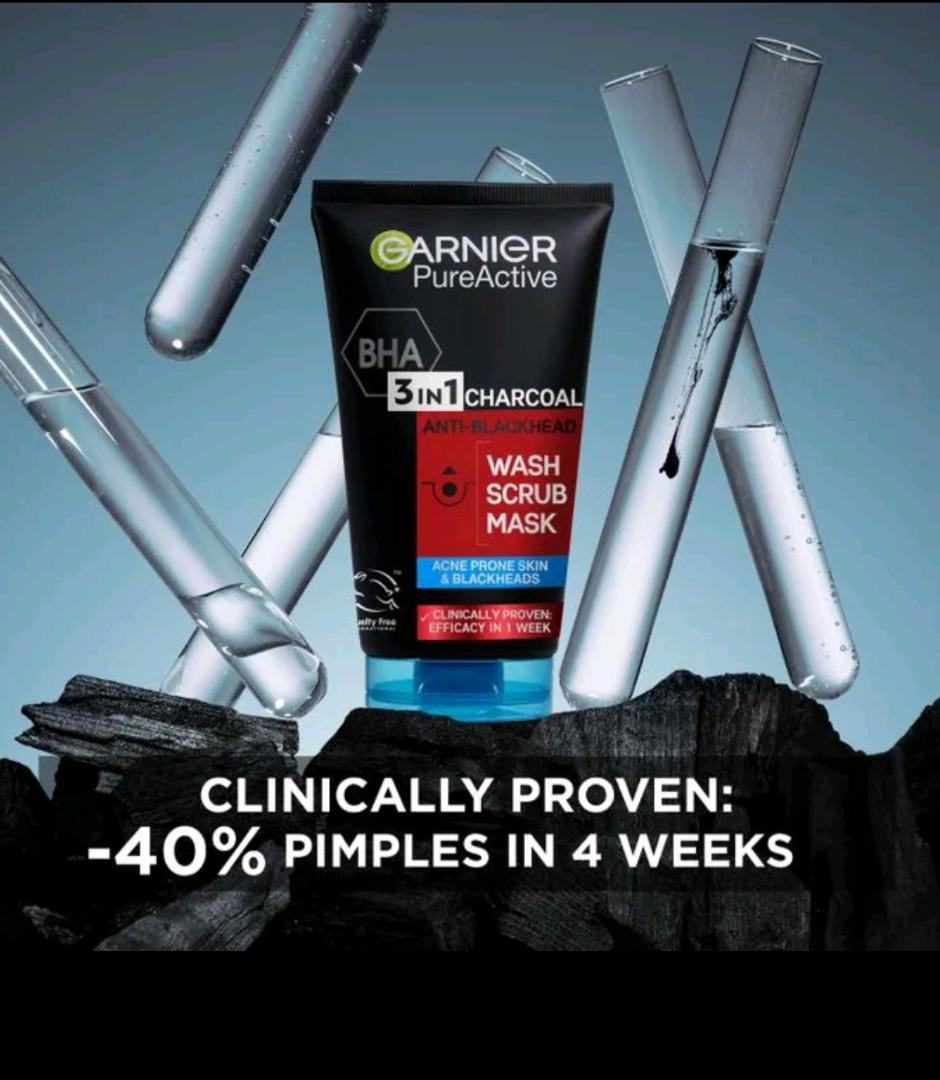Original  Brand of Garnier Pure Active 3 in 1 Charcoal anti-blackhead  Mask Wash Scrub  50 ml