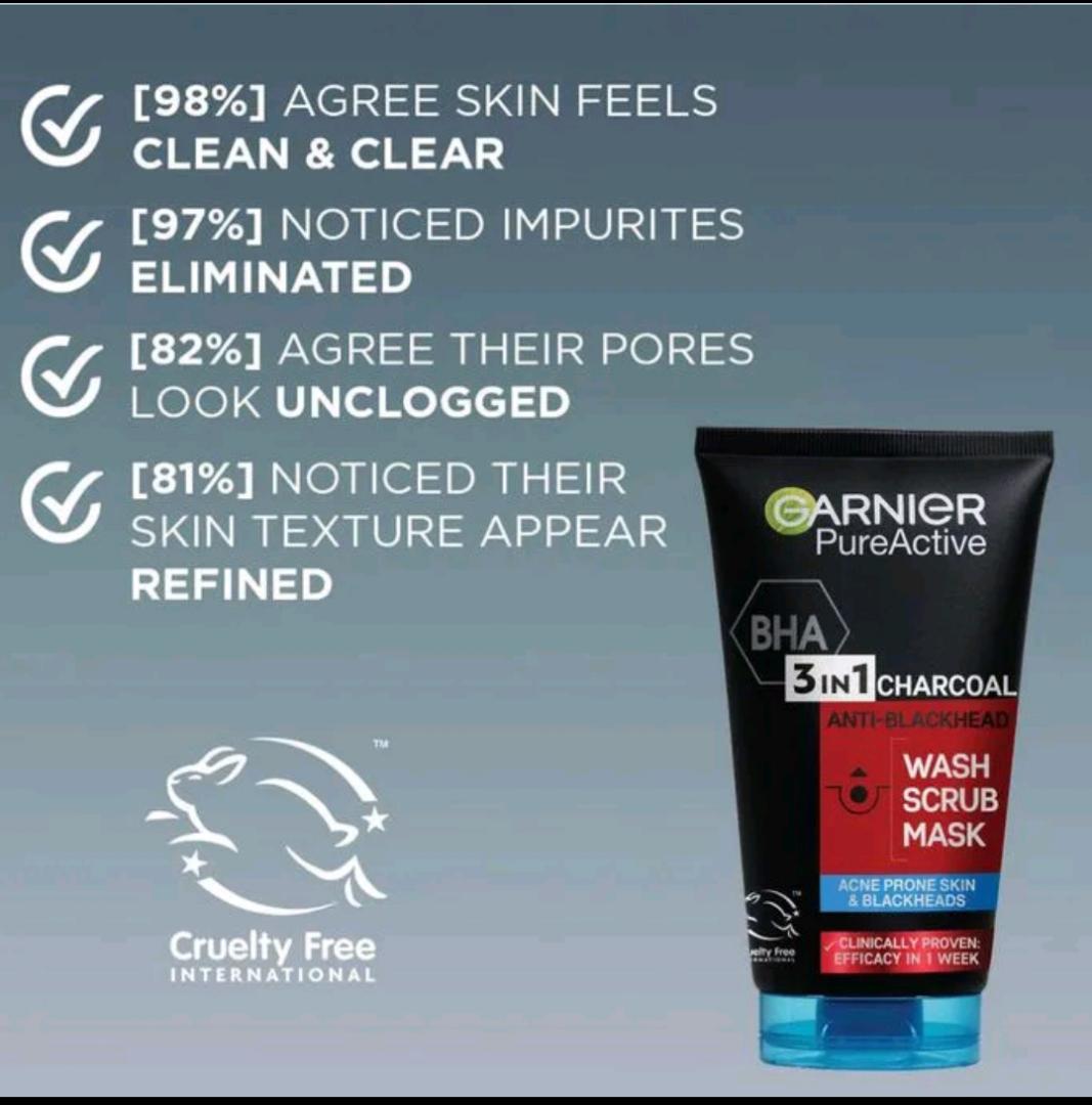 Original  Brand of Garnier Pure Active 3 in 1 Charcoal anti-blackhead  Mask Wash Scrub  50 ml