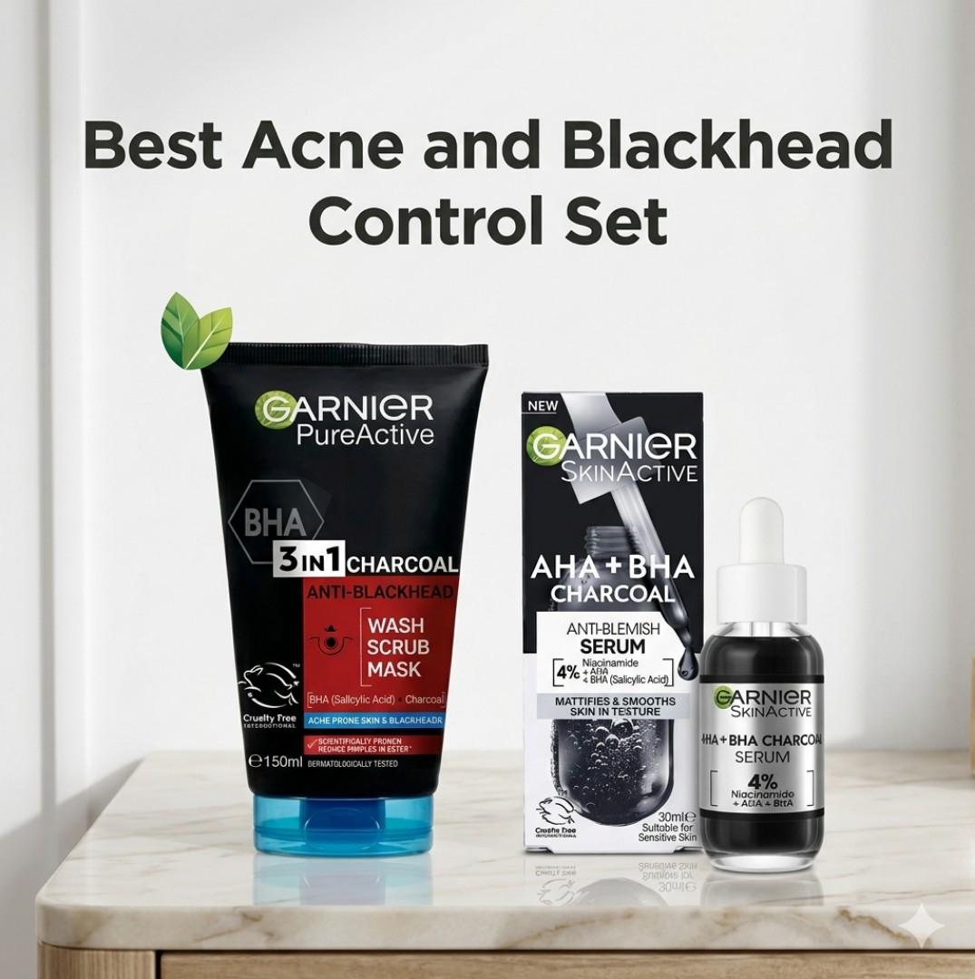 [ORIGINAL] Garnier AHA +BHA Charcoal  Serum (30ml)  Serum +Pure  3 IN 1 Charcoal  Mask (150 ML)[DISCOUNTED]