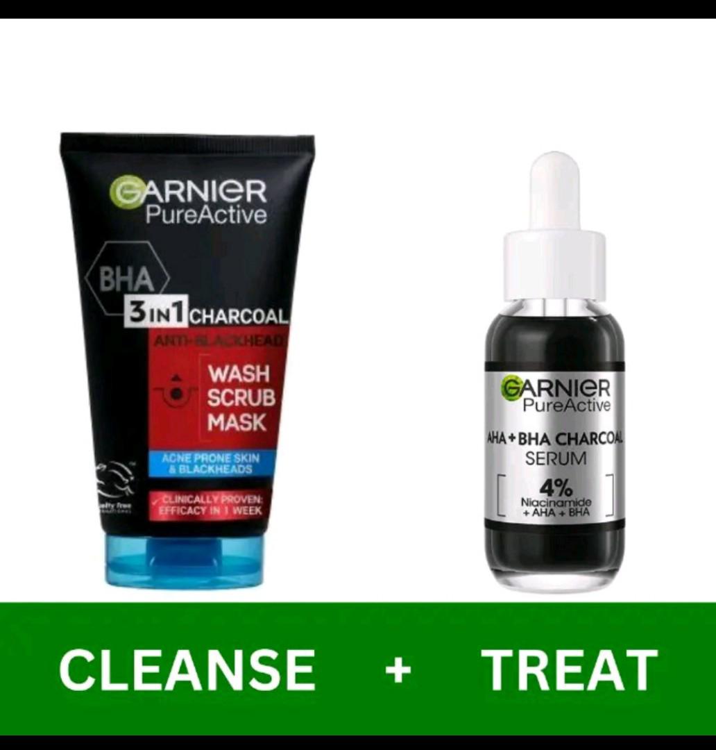 [ORIGINAL] Garnier AHA +BHA Charcoal  Serum (30ml)  Serum +Pure  3 IN 1 Charcoal  Mask (150 ML)[DISCOUNTED]