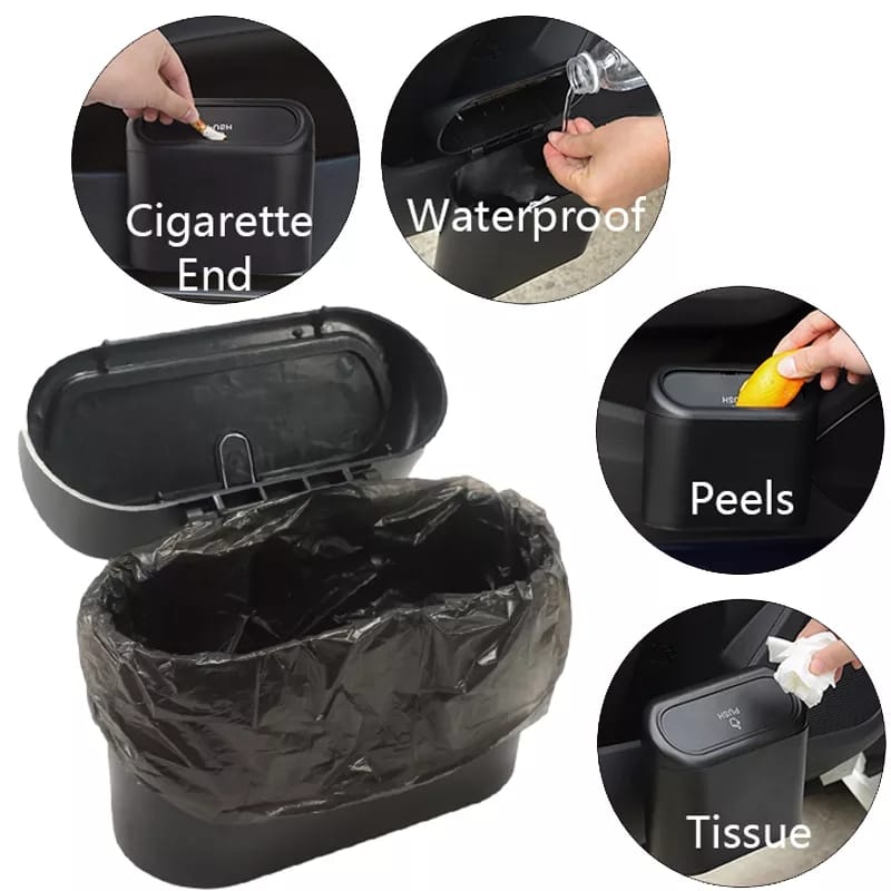 Car trash can with auto rebound push lid material very hard unbreakable bend resistant heat resistant plastic