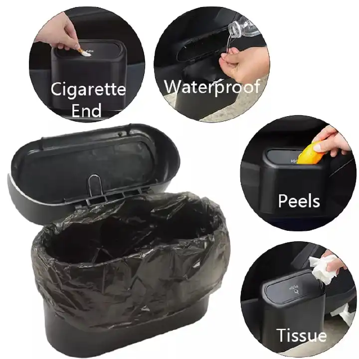 Car trash can with auto rebound push lid material very hard unbreakable bend resistant heat resistant plastic