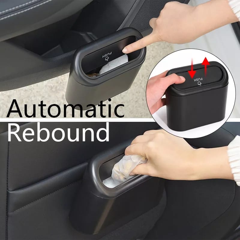 Car trash can with auto rebound push lid material very hard unbreakable bend resistant heat resistant plastic
