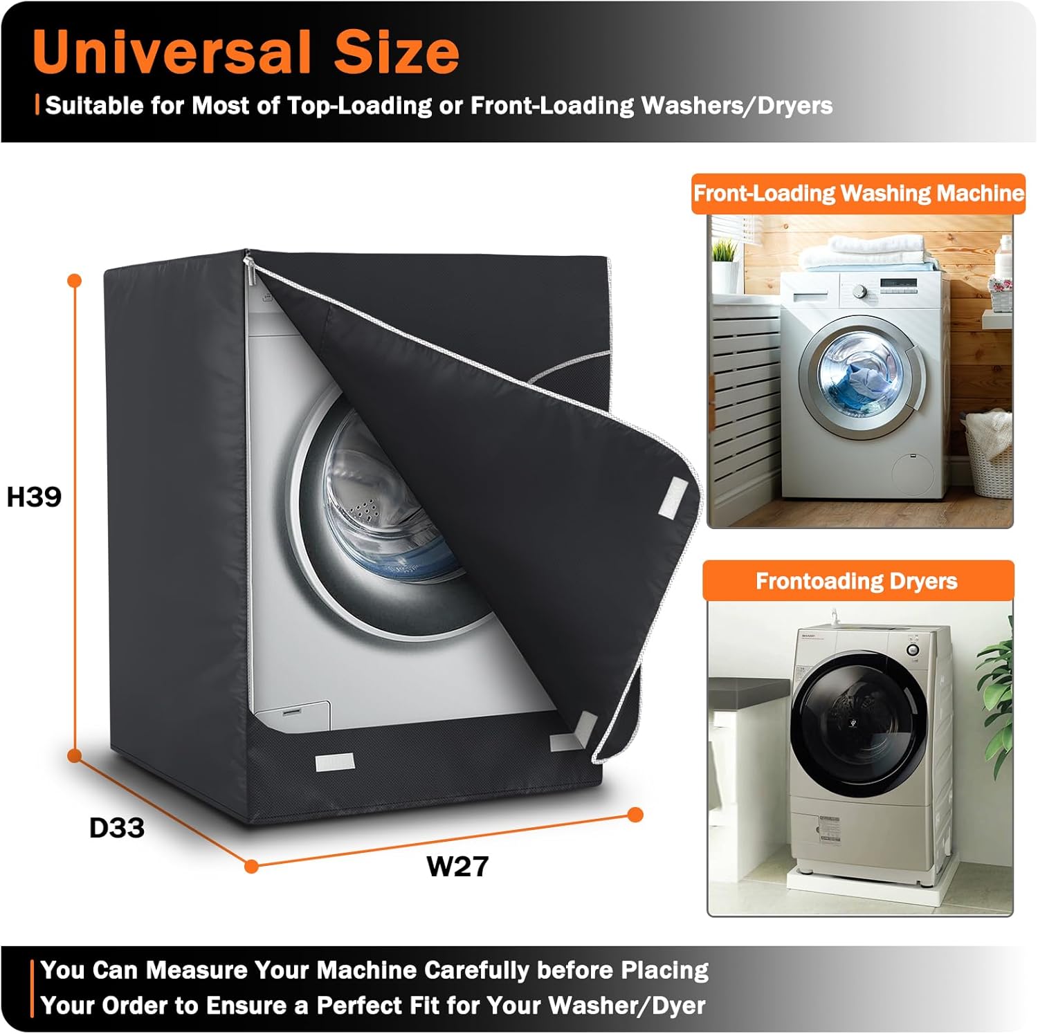 Universal Washing Machine Cover – Front Load & Top Load Washer/Dryer Protector Cover (27"W x 33"D x 39"H)